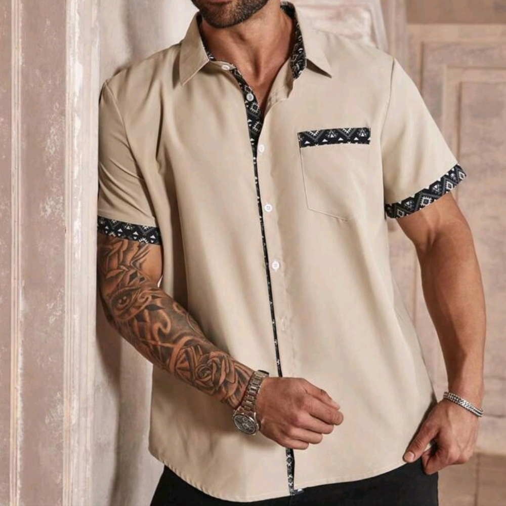 NWOT Manfinity Button Down Loose S/S Shirt w/ Geometric Print, 1X, Khaki… - Picture 6 of 6